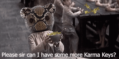 A Teddy Bear With A Snake Head Is Holding A Bowl Of Food With The Words Please Sir Can I Have Some More Karma Keys GIF