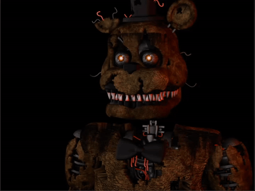 A Teddy Bear With Glowing Eyes And Sharp Teeth Is In The Dark GIF