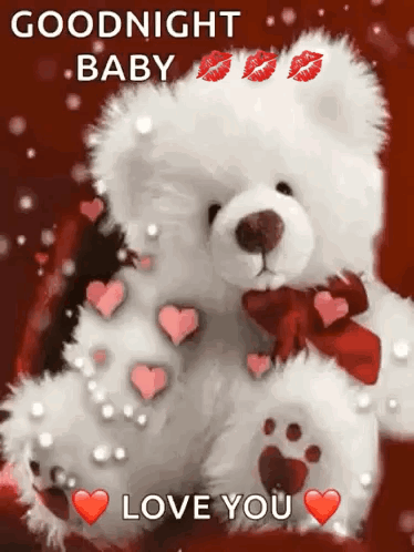 A Teddy Bear With Hearts And Kisses On It Is Sitting On A Red Background . GIF