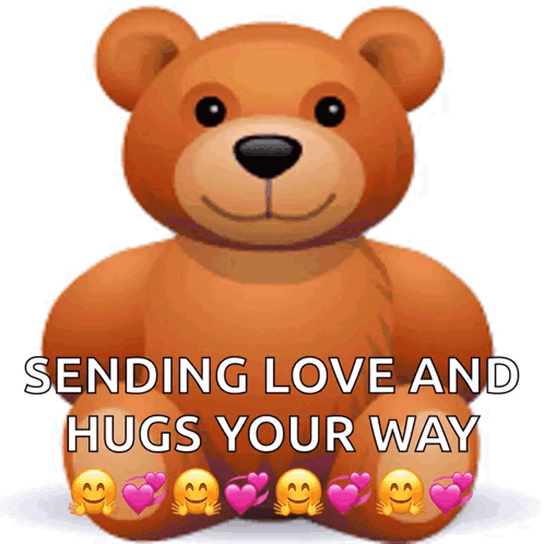 A Teddy Bear With Hearts On Its Feet And The Words Sending Love And Hugs Your Way Below It GIF