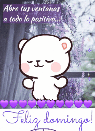 A Teddy Bear With Purple Hearts And The Words Feliz Domingo On The Bottom GIF