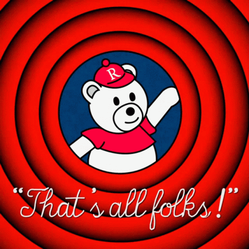 A Teddy Bear With The Letter R On His Hat Is Surrounded By Red Circles And The Words That 'S All Folks GIF