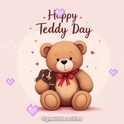 A Teddy Bear With The Words Happy Teddy Day Written Above It GIF