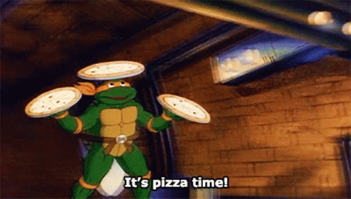 A Teenage Mutant Ninja Turtle Is Holding Three Pizzas And Saying It 'S Pizza Time .. GIF