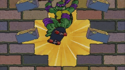A Teenage Mutant Ninja Turtle Is Riding A Skateboard Through A Brick Wall GIF