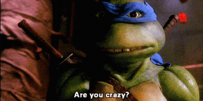 A Teenage Mutant Ninja Turtle With A Blue Bandana On His Head Says " Are You Crazy " GIF