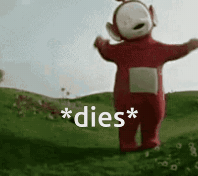 A Teletubbies Character Is Standing In A Field With His Arms Outstretched GIF