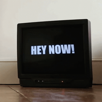 A Television Screen Says Hey Now In White Letters GIF