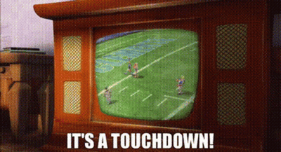 A Television Screen Shows A Football Game And The Words " It 'S A Touchdown " Below It GIF