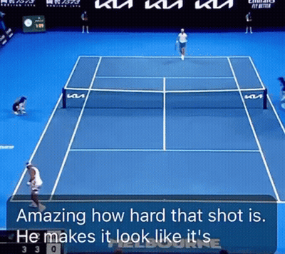 A Tennis Match Is Being Played On A Blue Court And The Words Amazing How Hard That Shot Is Are On The Screen GIF