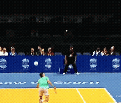 A Tennis Player In A Green Shirt Is About To Serve A Ball On A Court That Has The Word Courts On It GIF