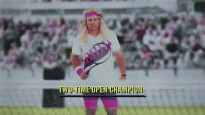A Tennis Player Is Holding A Tennis Racquet With The Words Two-Time Open Champion Written Above Him GIF