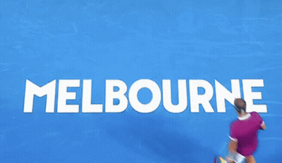 A Tennis Player Is Running On A Blue Court With The Word Melbourne On It GIF