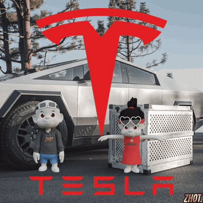 A Tesla Advertisement With Two Dolls In Front Of The Car GIF