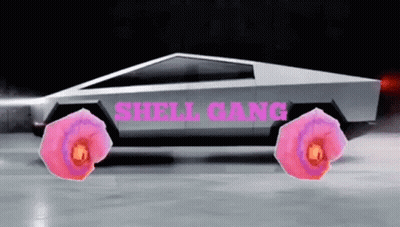 A Tesla Cybertruck With Pink Flowers On The Wheels Is Driving Down A Road . GIF