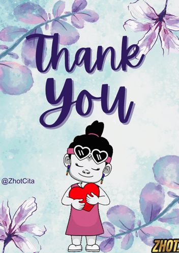 A Thank You Card With A Cartoon Girl Holding A Red Heart GIF