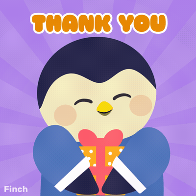 A Thank You Card With A Penguin Holding A Heart Shaped Present GIF