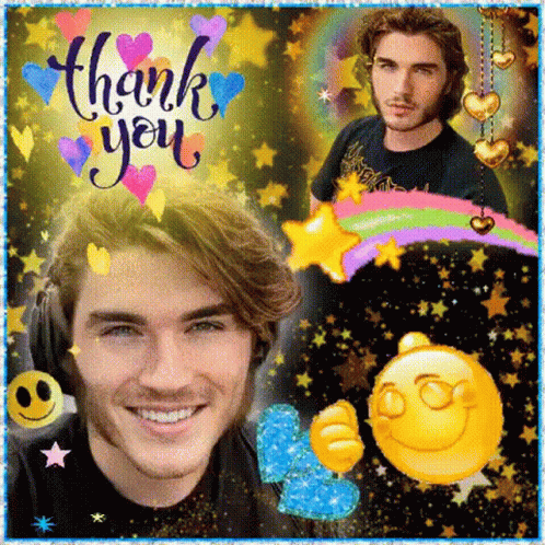 A Thank You Card With A Picture Of A Young Man And A Smiley Face GIF