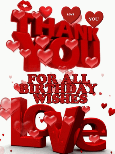 A Thank You For All Birthday Wishes Greeting Card With Red Hearts GIF
