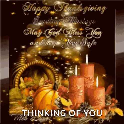 A Thanksgiving Card With A Cornucopia And Candles GIF