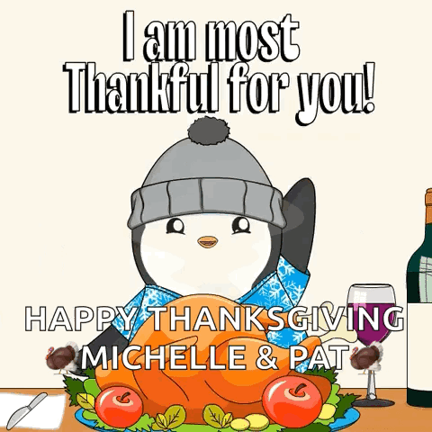 A Thanksgiving Card With A Penguin Sitting On A Turkey GIF