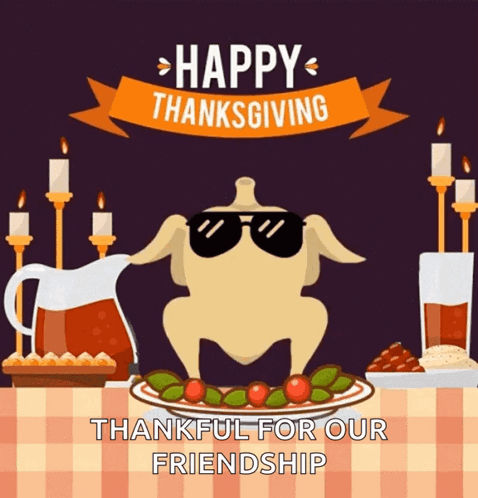 A Thanksgiving Greeting Card With A Turkey Wearing Sunglasses And A Plate Of Food GIF