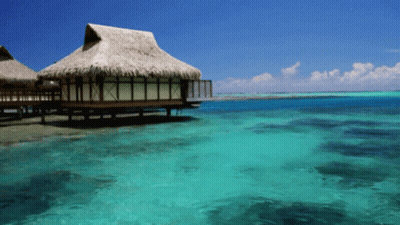 A Thatched Hut Sits In The Middle Of A Body Of Water GIF