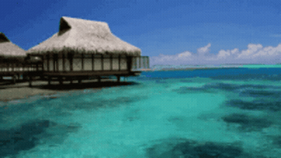 A Thatched Hut Sits In The Middle Of A Body Of Water GIF