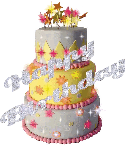 A Three Tiered Birthday Cake With The Words Congratulations On It Sticker