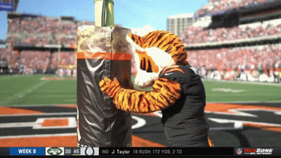A Tiger Mascot Stands On A Football Field With A Scoreboard That Says Week 9 GIF