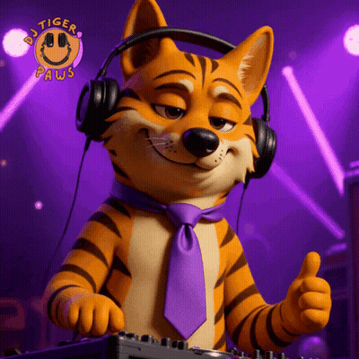 A Tiger Paws Mascot Wearing Headphones And A Purple Tie GIF