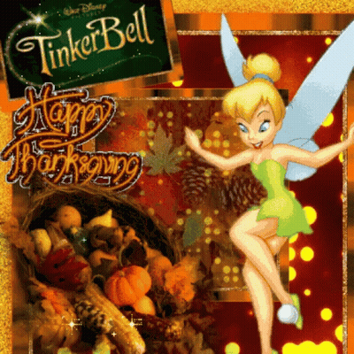 A Tinkerbell Happy Thanksgiving Card With A Basket Full Of Vegetables GIF