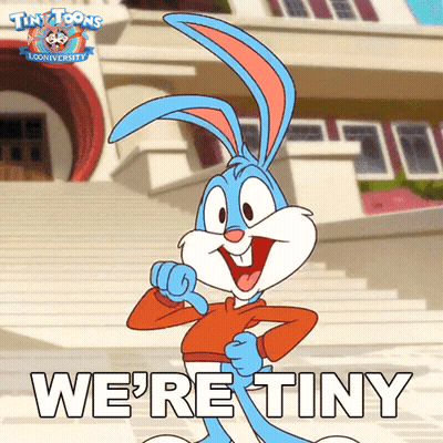 A Tiny Toons Bunny Says We 'Re Tiny In Front Of Some Stairs GIF