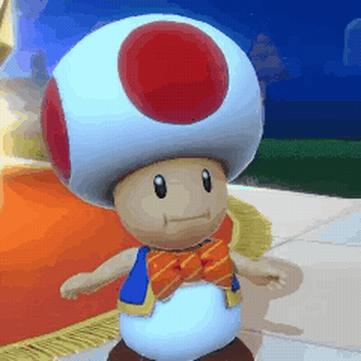 A Toad Is Wearing A Blue Vest And A Red Bow Tie GIF