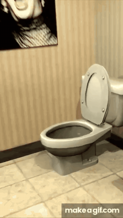 A Toilet In A Bathroom With A Picture Of A Man On The Wall GIF