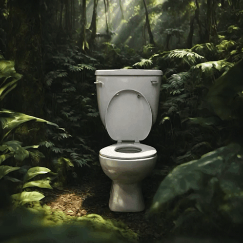 A Toilet In A Lush Green Forest With The Lid Up GIF