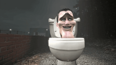 A Toilet With A Man 'S Head Sticking Out Of It And The Words Purple Behind It GIF