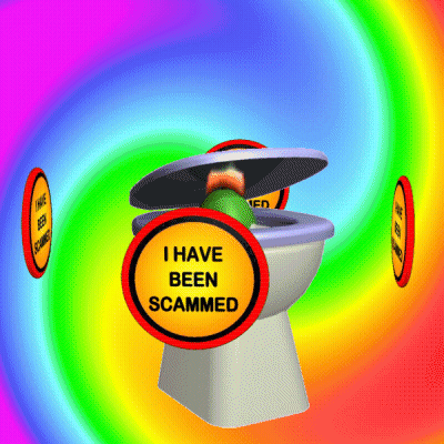 A Toilet With A Sign That Says I Have Been Scammed On It GIF