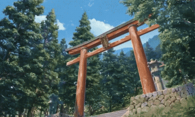 A Torii Gate In The Middle Of A Forest With A Blue Sky GIF