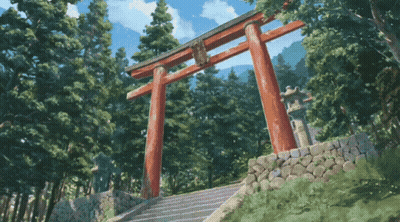 A Torii Gate In The Middle Of A Forest With Stairs Leading To It GIF