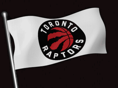 A Toronto Raptors Flag With A Basketball In The Center GIF