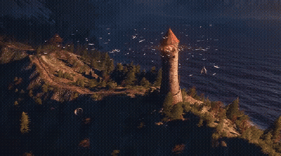 A Tower With A Red Roof Sits On Top Of A Small Island With Birds Flying Around It GIF