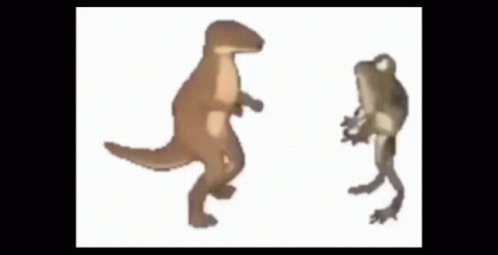 A Toy Dinosaur And A Toy Frog Are Standing Next To Each Other On A White Background . GIF