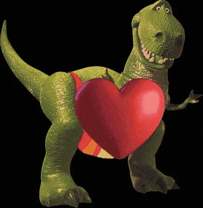 A Toy Dinosaur Holding A Green Heart On Its Back GIF