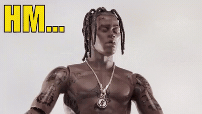 A Toy Figure Of A Man Wearing A Necklace And Dreadlocks . GIF