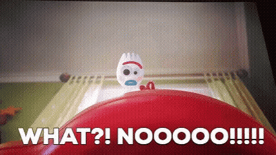 A Toy From The Movie Toy Story 4 Is Sitting On Top Of A Red Object With The Words " What ? Nooooo !!! " GIF