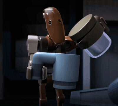 A Toy Robot Is Holding A Cup Of Coffee In Its Hand GIF