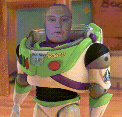 A Toy Story Buzz Lightyear Doll With A Man 'S Face On It GIF