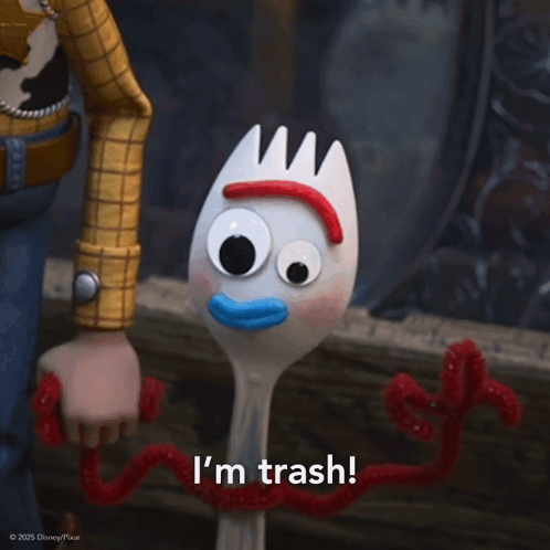 A Toy Story Character Says I 'M Trash In Front Of A Toy Fork GIF