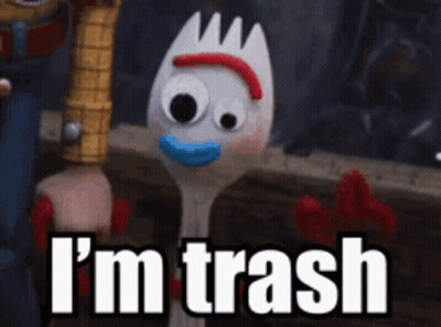 A Toy Story Character Says `` I 'M Trash '' While Holding A Wooden Spoon . GIF